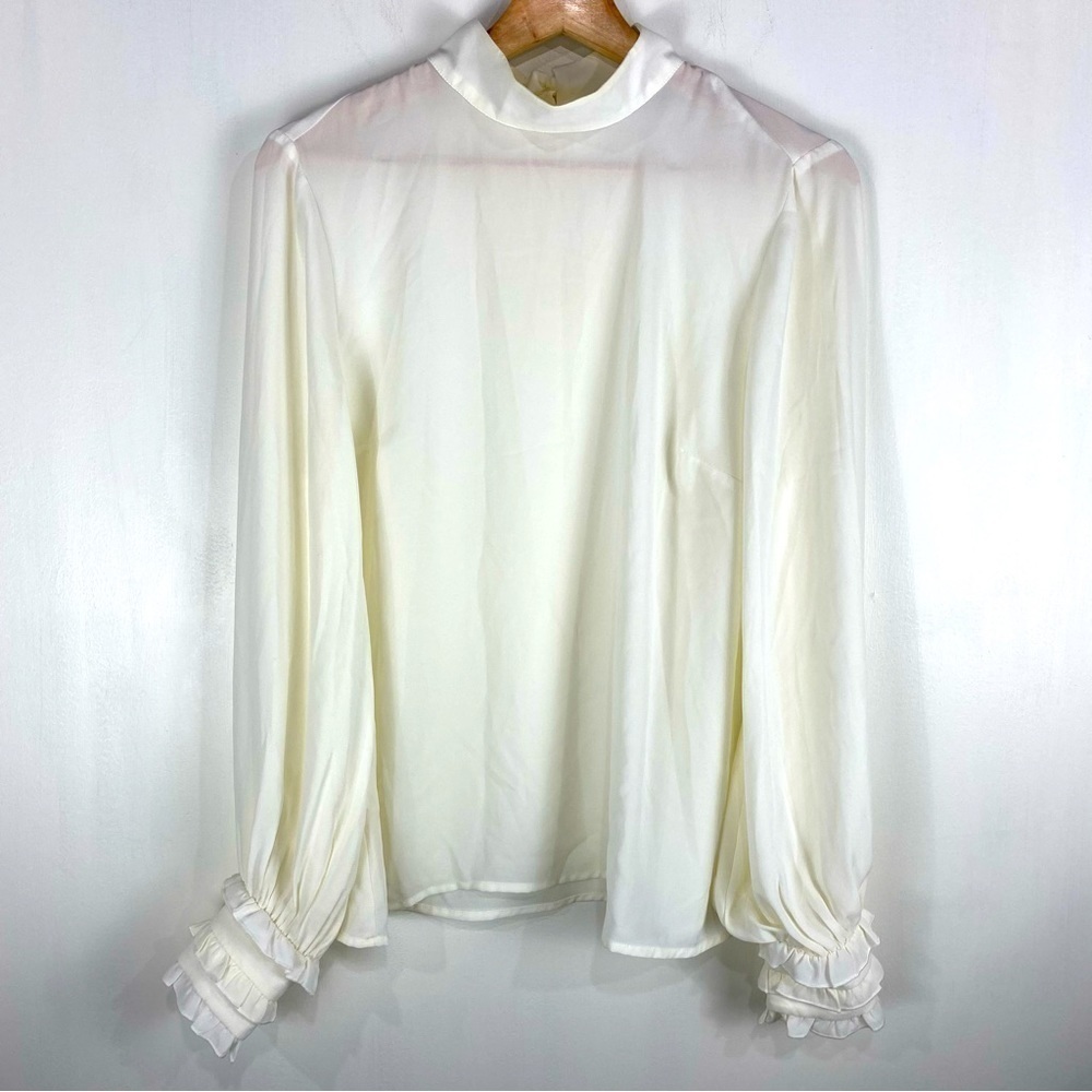ModCloth‎ High Mock Neck Ruffle Long Sleeve Blouse Shirt Top Ivory Size Medium